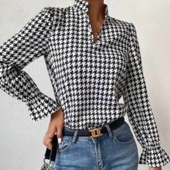 NEW houndstooth all over print long flounce blouse - Picture 1 of 9